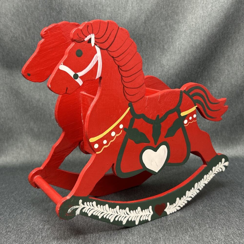 Old 1980s Red Wooden Rocking Horse Planter Box Folk Art Holiday Christmas Decor
